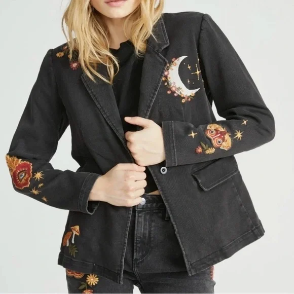 DRIFTWOOD / Free People Black Denim Embroidered Blazer with Mushroom sz L NWT - Picture 3 of 8